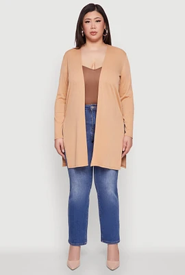 Womens Plus Size Rib Knit Long Sleeve Duster, Beige, Size 3X