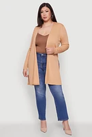 Womens Plus Size Rib Knit Long Sleeve Duster, Beige, Size 3X