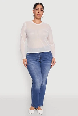 Womens Plus Size Mesh Long Sleeve Top, White, Size 3X