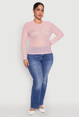 Womens Plus Size Mesh Long Sleeve Top, Pink, Size 2X