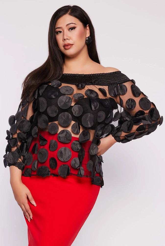 Womens Plus Size Polka Dot Applique Off the Shoulder Blouse, Black, Size 2X