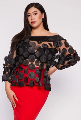 Womens Plus Size Polka Dot Applique Off the Shoulder Blouse, Black, Size 2X