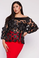 Womens Plus Size Polka Dot Applique Off the Shoulder Blouse, Black, Size 2X