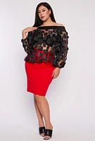 Womens Plus Size Polka Dot Applique Off the Shoulder Blouse, Black, Size 1X