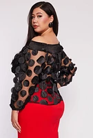 Womens Plus Size Polka Dot Applique Off the Shoulder Blouse, Black, Size 3X