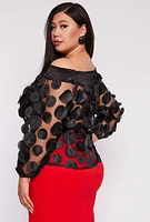 Womens Plus Size Polka Dot Applique Off the Shoulder Blouse, Black, Size 2X