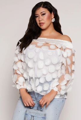 Womens Plus Polka Dot Applique Off the Shoulder Blouse, White,