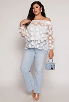 Womens Plus Size Polka Dot Applique Off the Shoulder Blouse, White, Size 1X