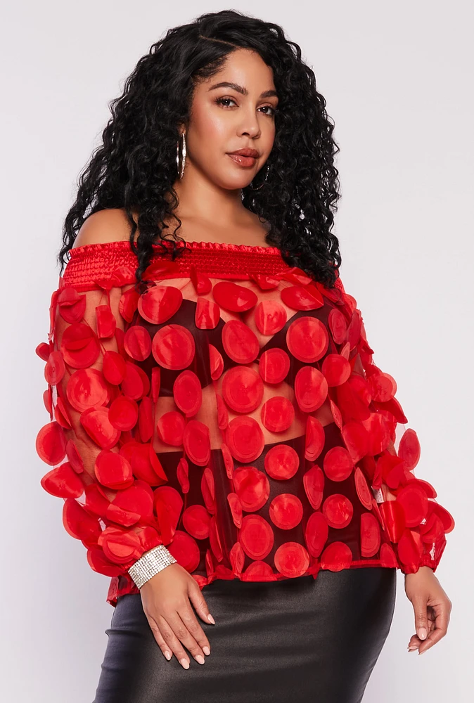 Womens Plus Polka Dot Applique Off the Shoulder Blouse, Red,