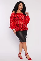 Womens Plus Polka Dot Applique Off the Shoulder Blouse,