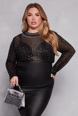 Womens Plus Size Rhinestone Mock Neck Top, Black, Size 1X