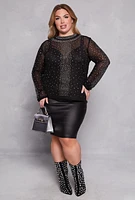 Womens Plus Size Rhinestone Mock Neck Top, Black, Size 1X