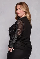 Womens Plus Size Rhinestone Mock Neck Top, Black, Size 1X