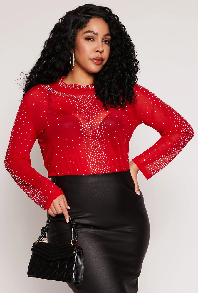 Womens Plus Size Rhinestone Mock Neck Top, Red, Size 1X