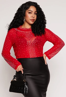 Womens Plus Size Rhinestone Mock Neck Top, Red, Size 1X