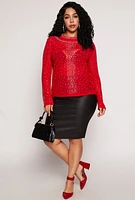 Womens Plus Size Rhinestone Mock Neck Top, Red, Size 1X
