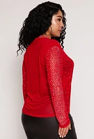 Womens Plus Size Rhinestone Mock Neck Top, Red, Size 2X