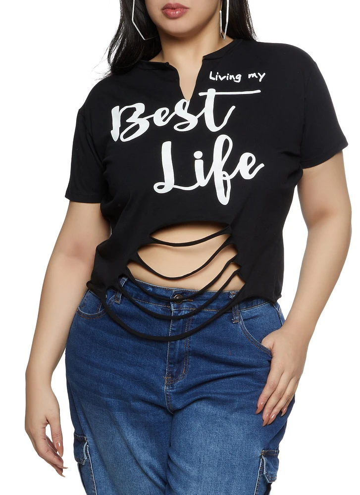 Womens Plus Size Living My Best Life Laser Cut Graphic Tee, Black, Size 2X