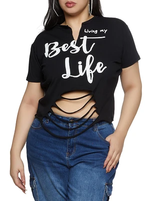 Womens Plus Size Living My Best Life Laser Cut Graphic Tee, Black, Size 2X