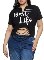 Womens Plus Size Living My Best Life Laser Cut Graphic Tee, Black, Size 2X