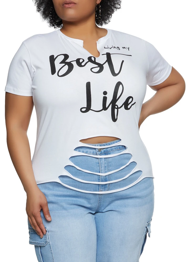 Womens Plus Size Living My Best Life Laser Cut Graphic Tee, White, Size 3X