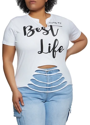 Womens Plus Size Living My Best Life Laser Cut Graphic Tee, White, Size 3X
