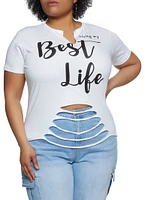 Womens Plus Size Living My Best Life Laser Cut Graphic Tee, White, Size 3X