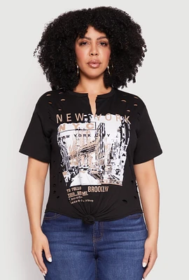 Womens Plus Slashed New York Graphic Knot Front Tee,