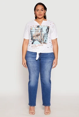 Womens Plus Size Slashed New York Graphic Knot Front Tee, White, Size 3X