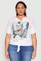 Womens Plus Size Slashed New York Graphic Knot Front Tee, White, Size 3X
