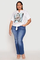 Womens Plus Size Slashed New York Graphic Knot Front Tee, White, Size 3X
