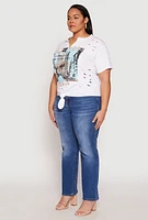 Womens Plus Size Slashed New York Graphic Knot Front Tee, White, Size 3X