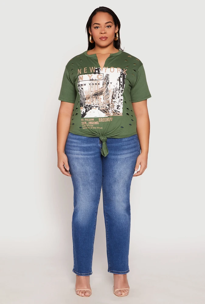 Womens Plus Size Slashed New York Graphic Knot Front Tee, Green, Size 3X