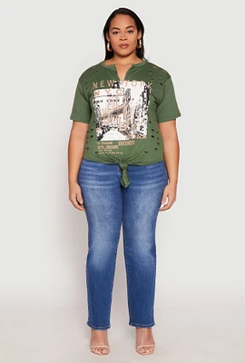 Womens Plus Size Slashed New York Graphic Knot Front Tee, Green, Size 3X