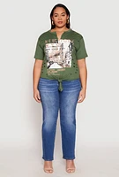 Womens Plus Size Slashed New York Graphic Knot Front Tee, Green, Size 3X