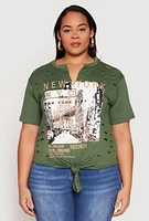 Womens Plus Size Slashed New York Graphic Knot Front Tee, Green, Size 3X