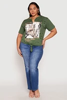 Womens Plus Size Slashed New York Graphic Knot Front Tee, Green, Size 3X