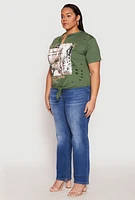 Womens Plus Size Slashed New York Graphic Knot Front Tee, Green, Size 3X