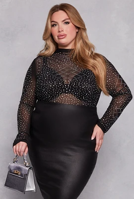 Womens Plus Size Mesh Rhinestone Studded Long Sleeve Top, Black, Size 2X