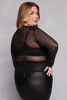 Womens Plus Size Mesh Rhinestone Studded Long Sleeve Top, Black, Size 2X