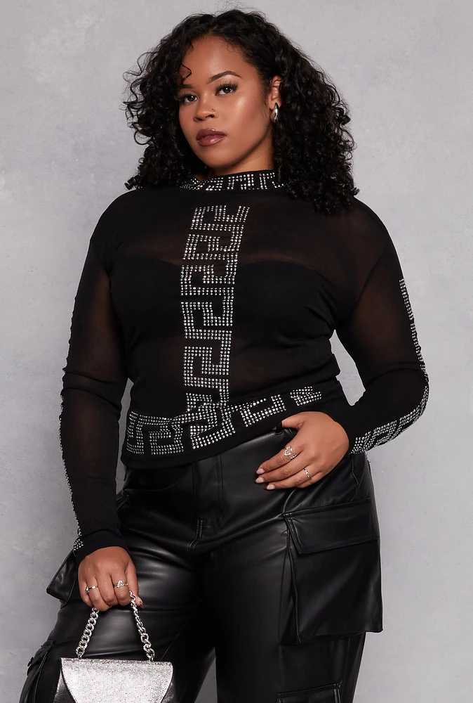 Womens Plus Size Mesh Studded Greek Key Top, Black, Size 2X