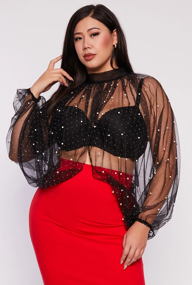 Womens Plus Size Studded Bubble Sleeve Crop Top, Black, Size 2X