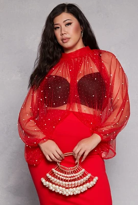 Womens Plus Size Studded Bubble Sleeve Crop Top, Red, Size 1X