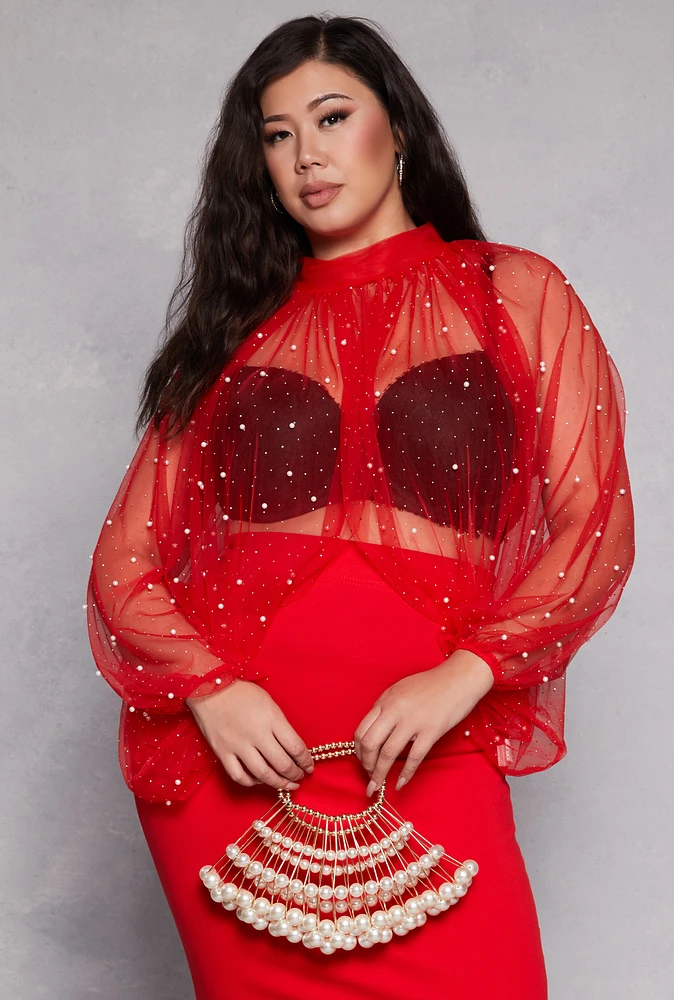 Womens Plus Size Studded Bubble Sleeve Crop Top, Red, Size 3X
