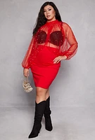 Womens Plus Size Studded Bubble Sleeve Crop Top, Red, Size 3X