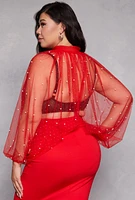 Womens Plus Size Studded Bubble Sleeve Crop Top, Red, Size 1X