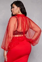 Womens Plus Size Studded Bubble Sleeve Crop Top, Red, Size 2X