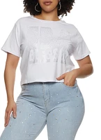 Womens Plus Size Im Blessed Rhinestone Tee, White, Size 2X