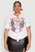 Womens Plus Size Rock And Roll Guitar Rose Graphic Top, White, Size 2X