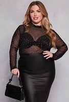 Womens Plus Size Mesh Rhinestone Long Sleeve Top, Black, Size 2X